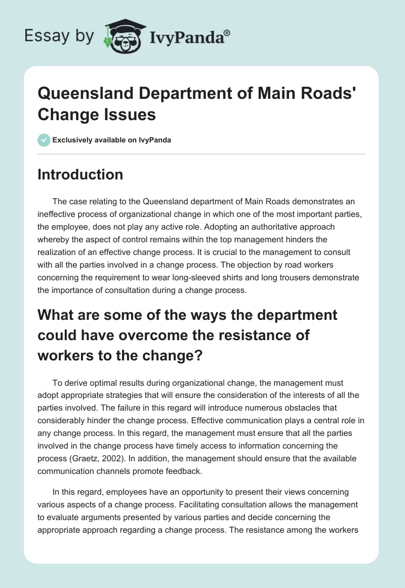 Queensland Department of Main Roads' Change Issues. Page 1