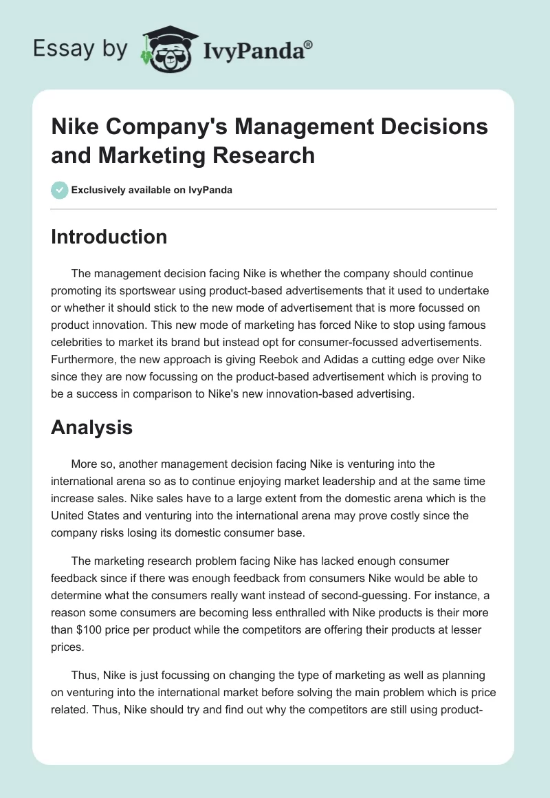Nike Company's Management Decisions and Marketing Research. Page 1