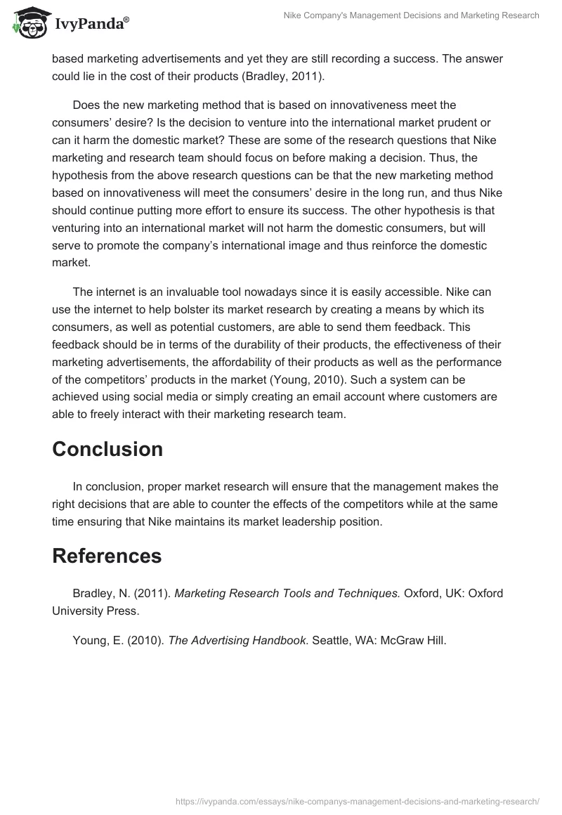 Nike Company's Management Decisions and Marketing Research. Page 2