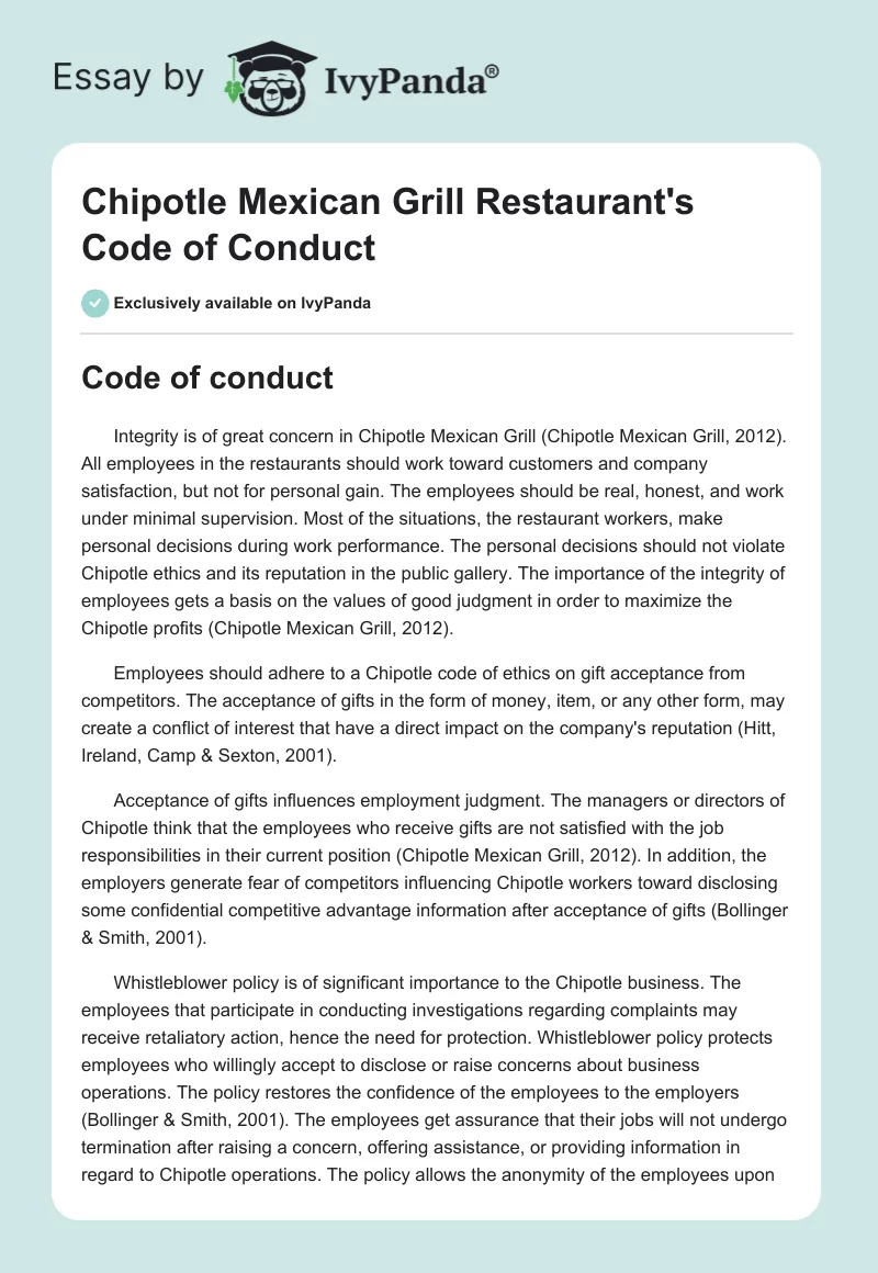 Chipotle Mexican Grill Restaurant's Code of Conduct. Page 1