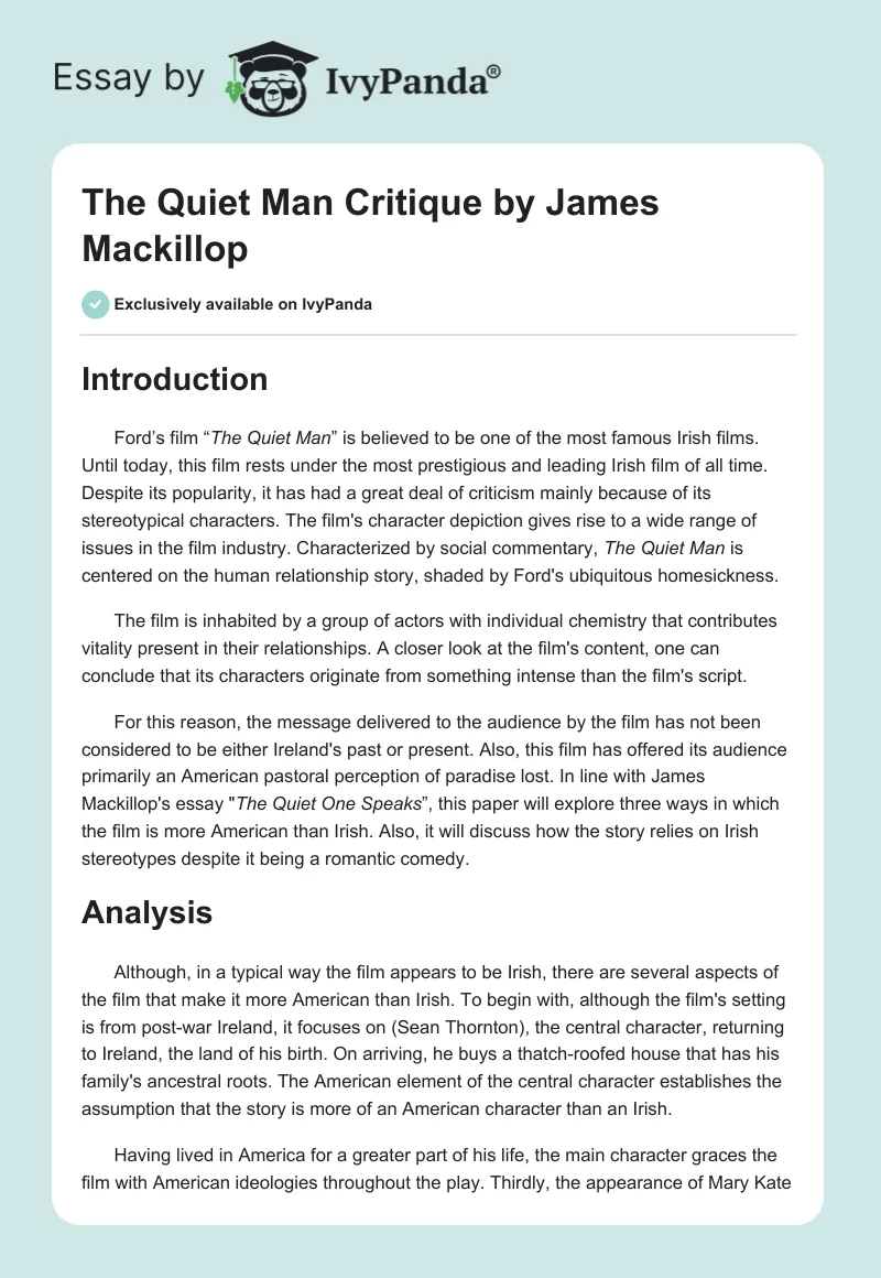 "The Quiet Man" Critique by James Mackillop. Page 1
