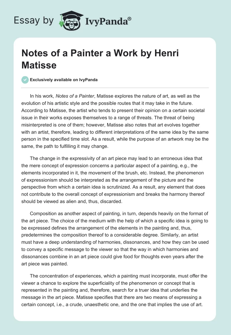 "Notes of a Painter" a Work by Henri Matisse. Page 1