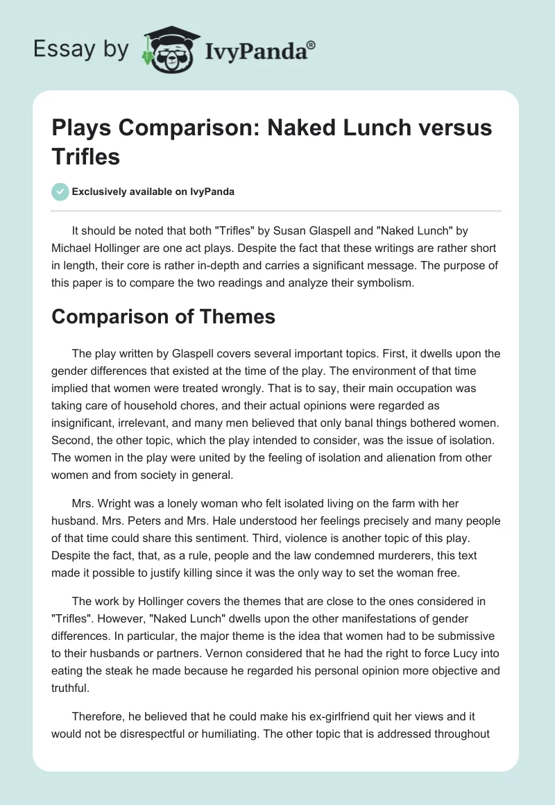 Plays Comparison: "Naked Lunch" Versus "Trifles". Page 1