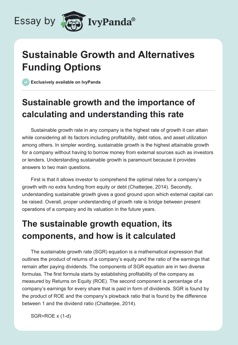 Sustainable Growth and Alternatives Funding Options. Page 1