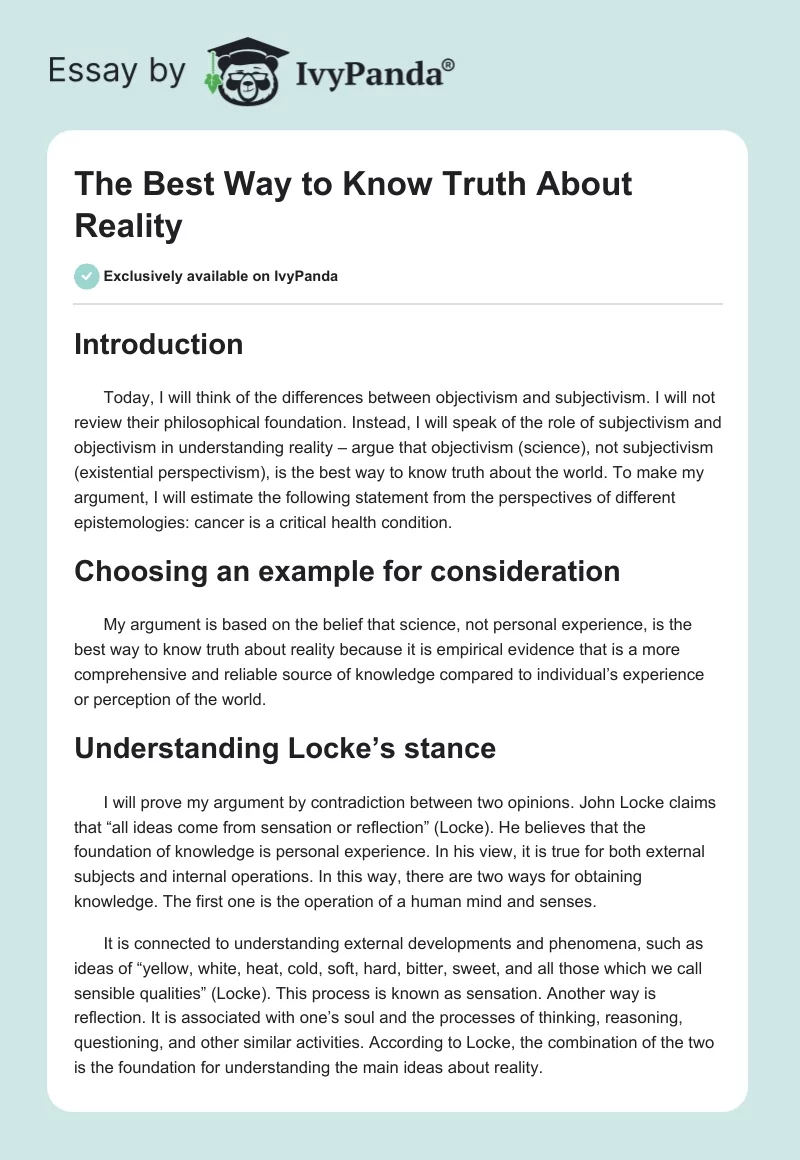 The Best Way to Know Truth About Reality. Page 1