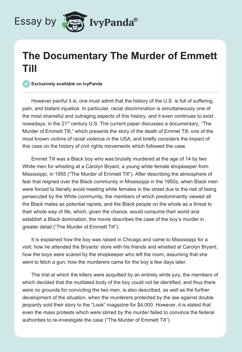 The Documentary "The Murder of Emmett Till". Page 1