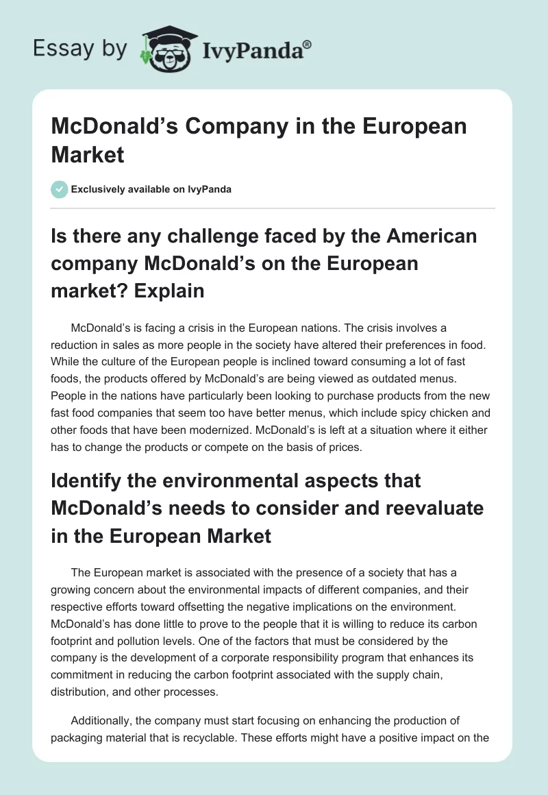 McDonald’s Company in the European Market. Page 1