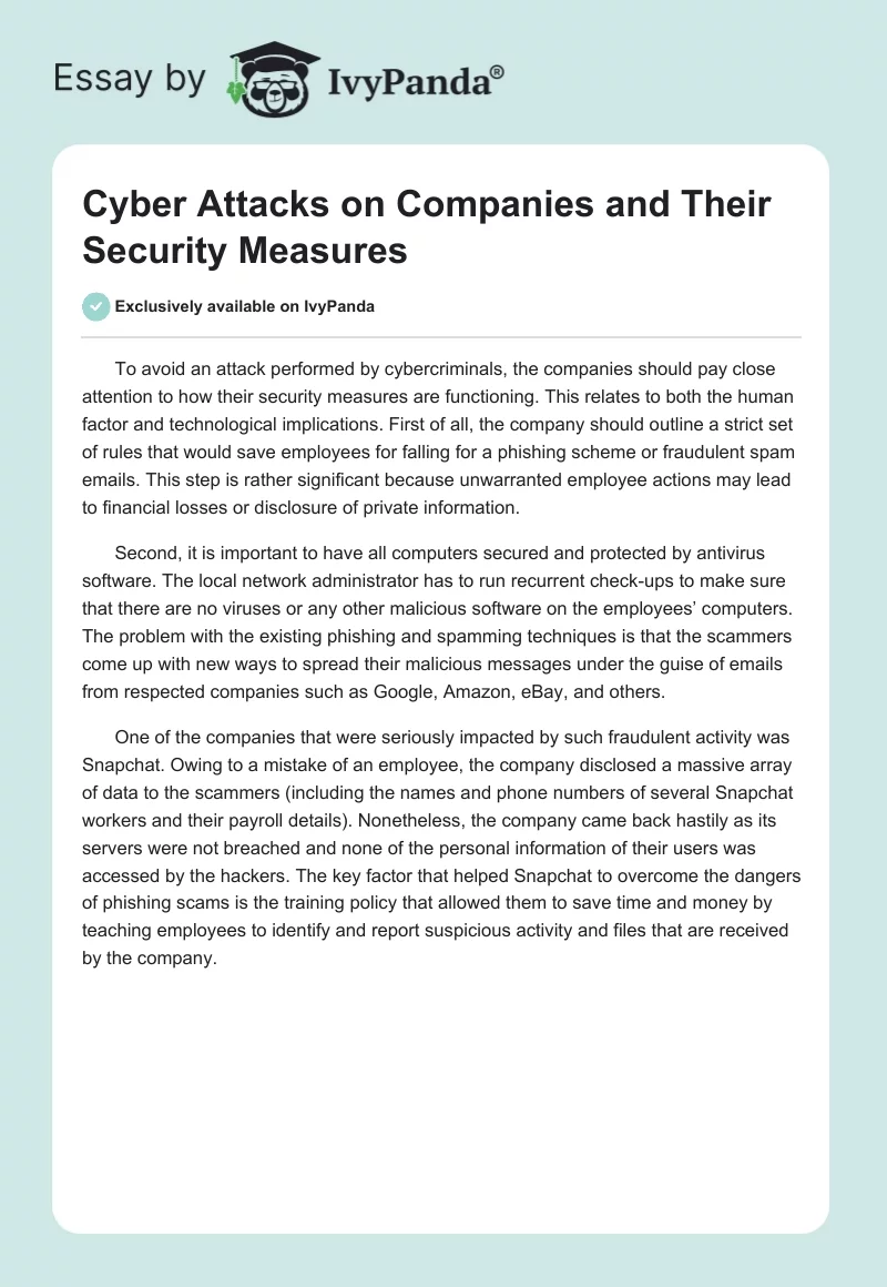 Cyber Attacks on Companies and Their Security Measures. Page 1