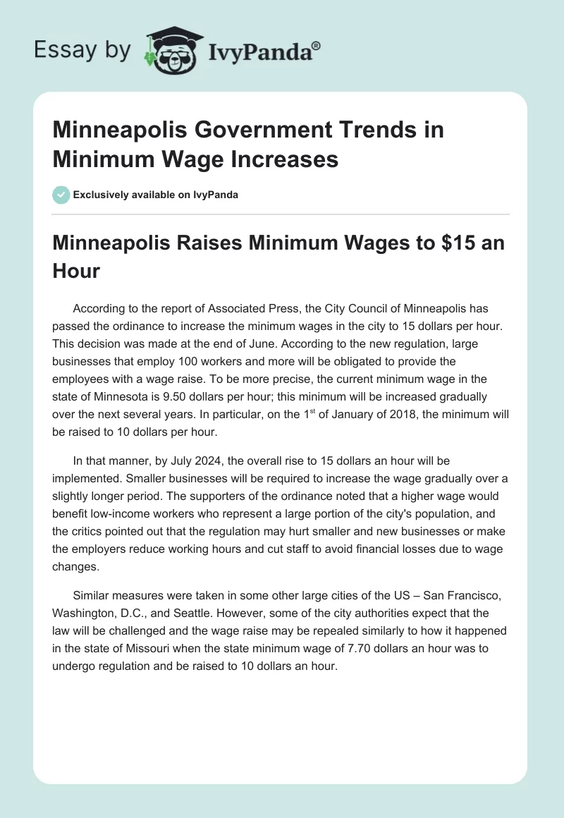 Minneapolis Government Trends in Minimum Wage Increases. Page 1