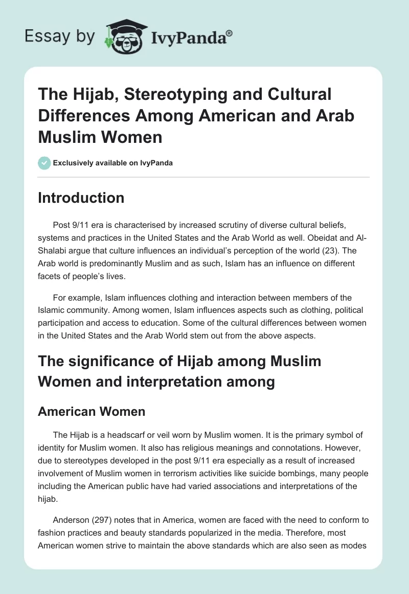 The Hijab, Stereotyping and Cultural Differences Among American and Arab Muslim Women. Page 1