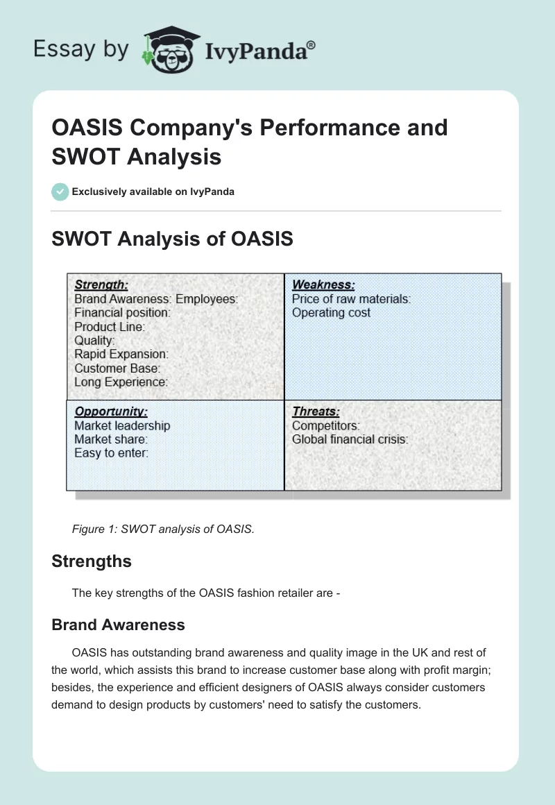 OASIS Company's Performance and SWOT Analysis. Page 1