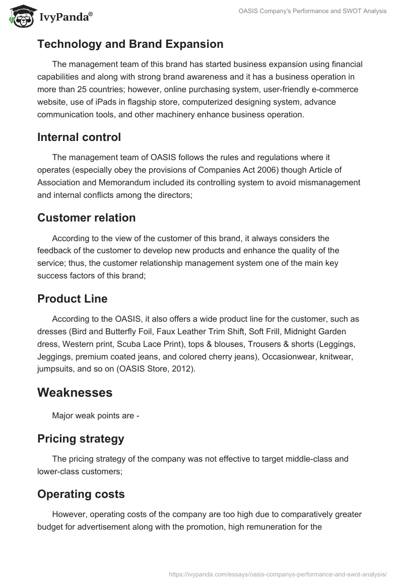 OASIS Company's Performance and SWOT Analysis. Page 2
