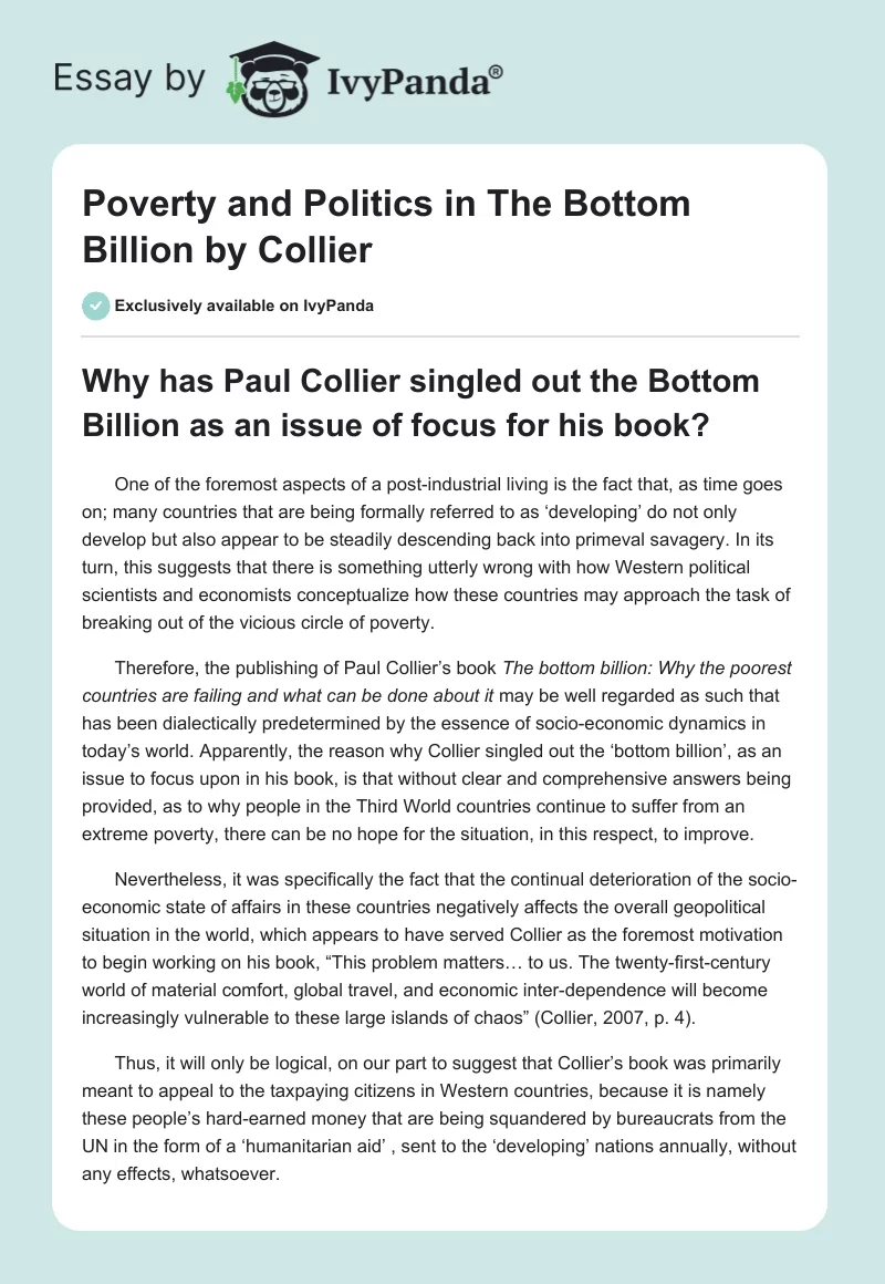 Poverty and Politics in "The Bottom Billion" by Collier. Page 1