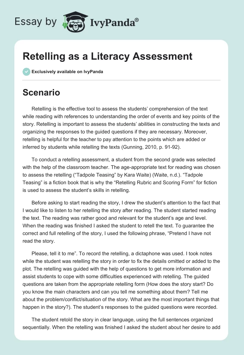 Retelling as a Literacy Assessment. Page 1