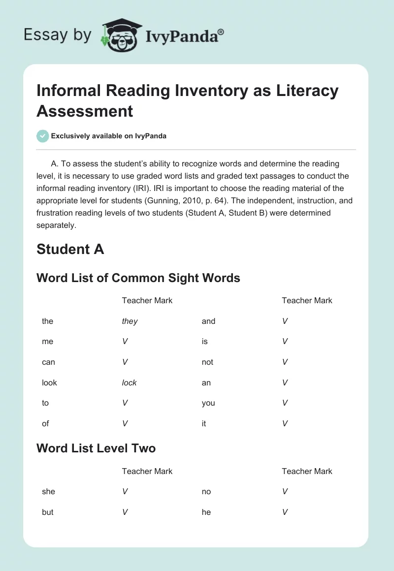 Informal Reading Inventory as Literacy Assessment. Page 1