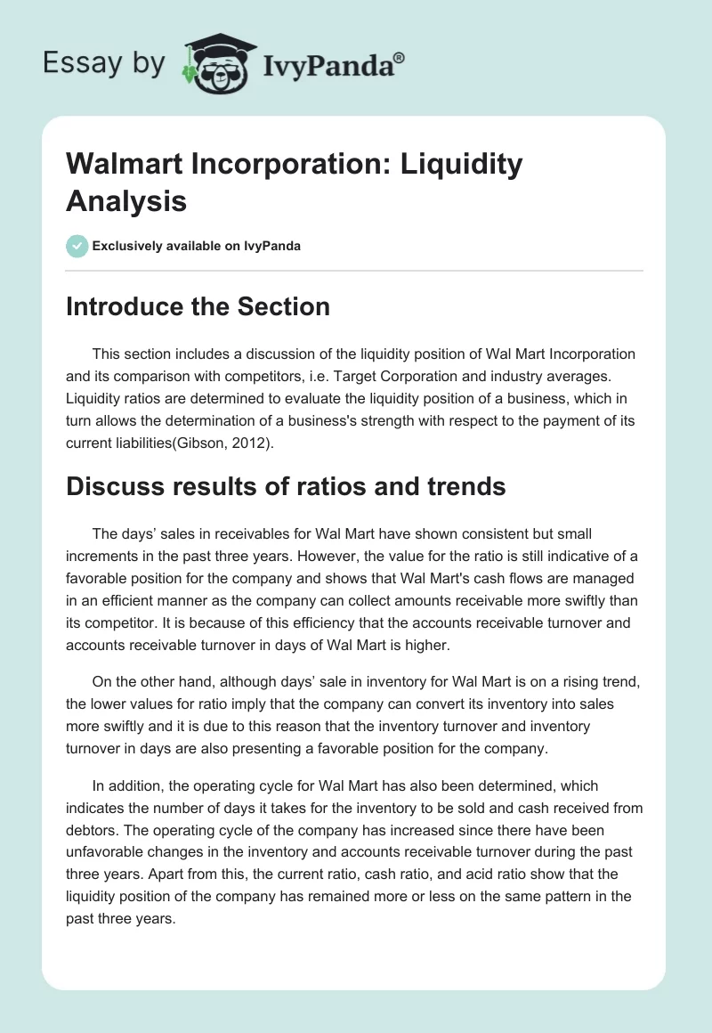 Walmart Incorporation: Liquidity Analysis. Page 1