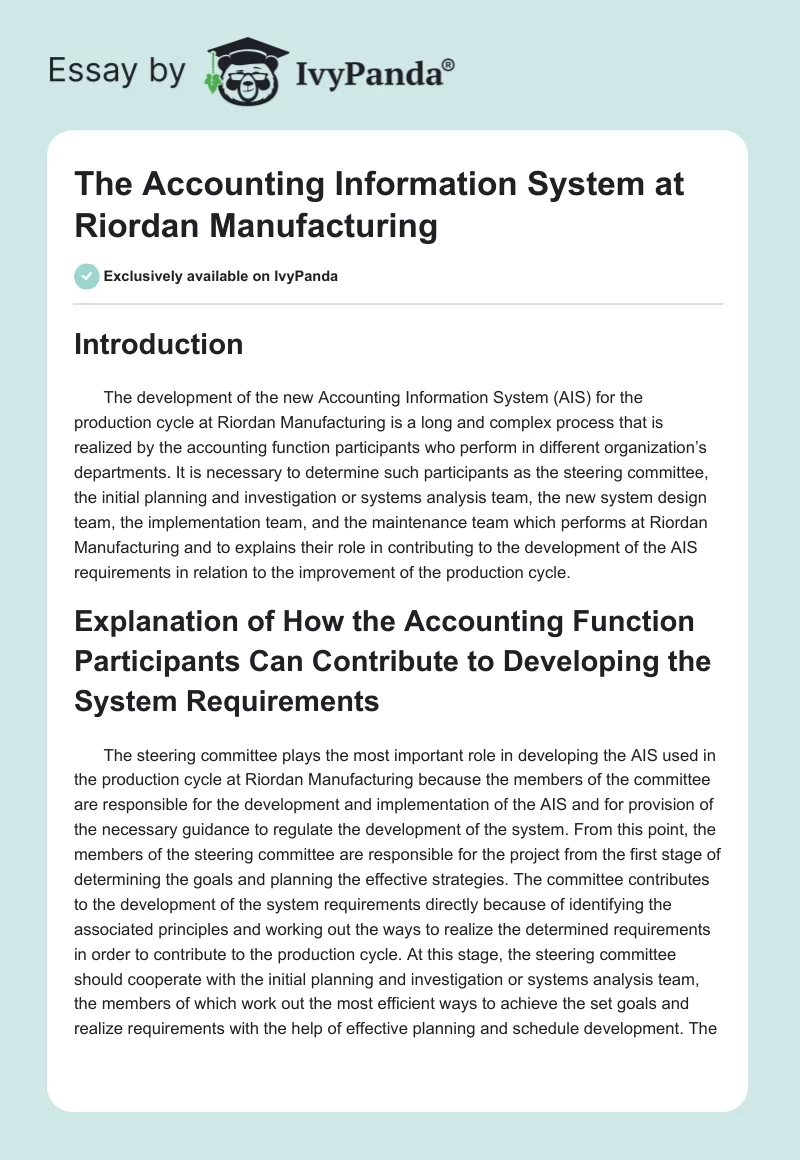 The Accounting Information System at Riordan Manufacturing. Page 1