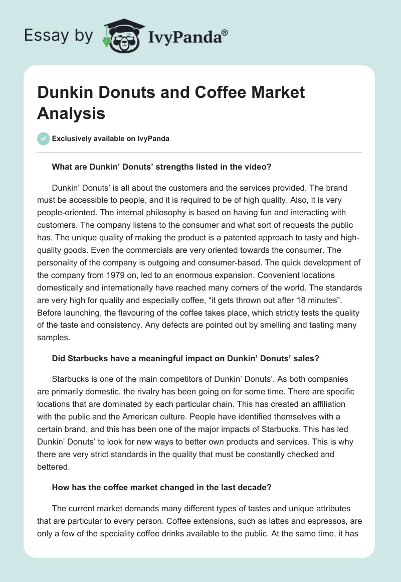 Dunkin Donuts and Coffee Market Analysis. Page 1