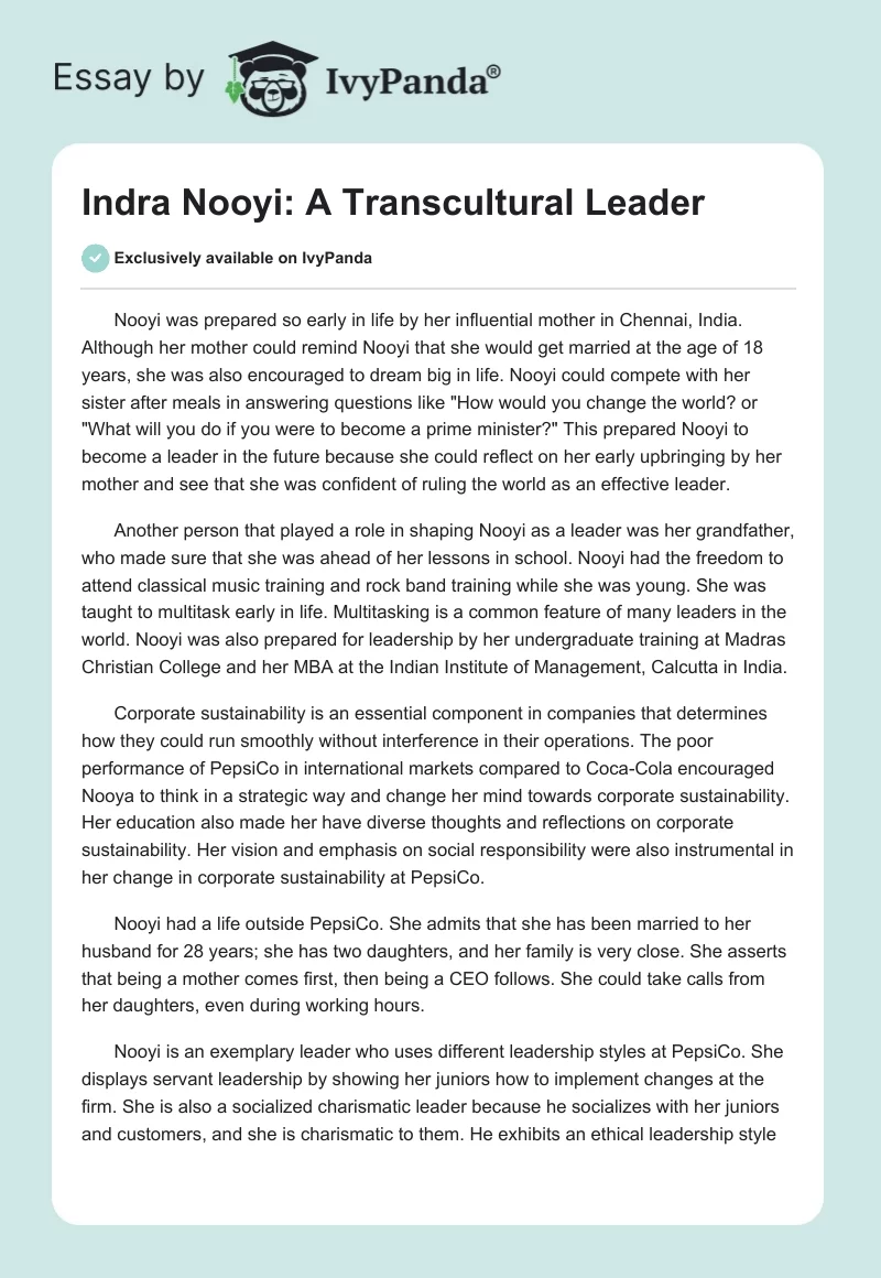 Indra Nooyi: A Transcultural Leader. Page 1