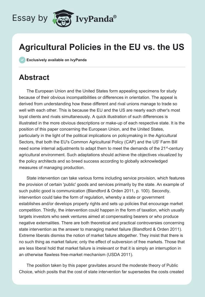 Agricultural Policies in the EU vs. the US. Page 1