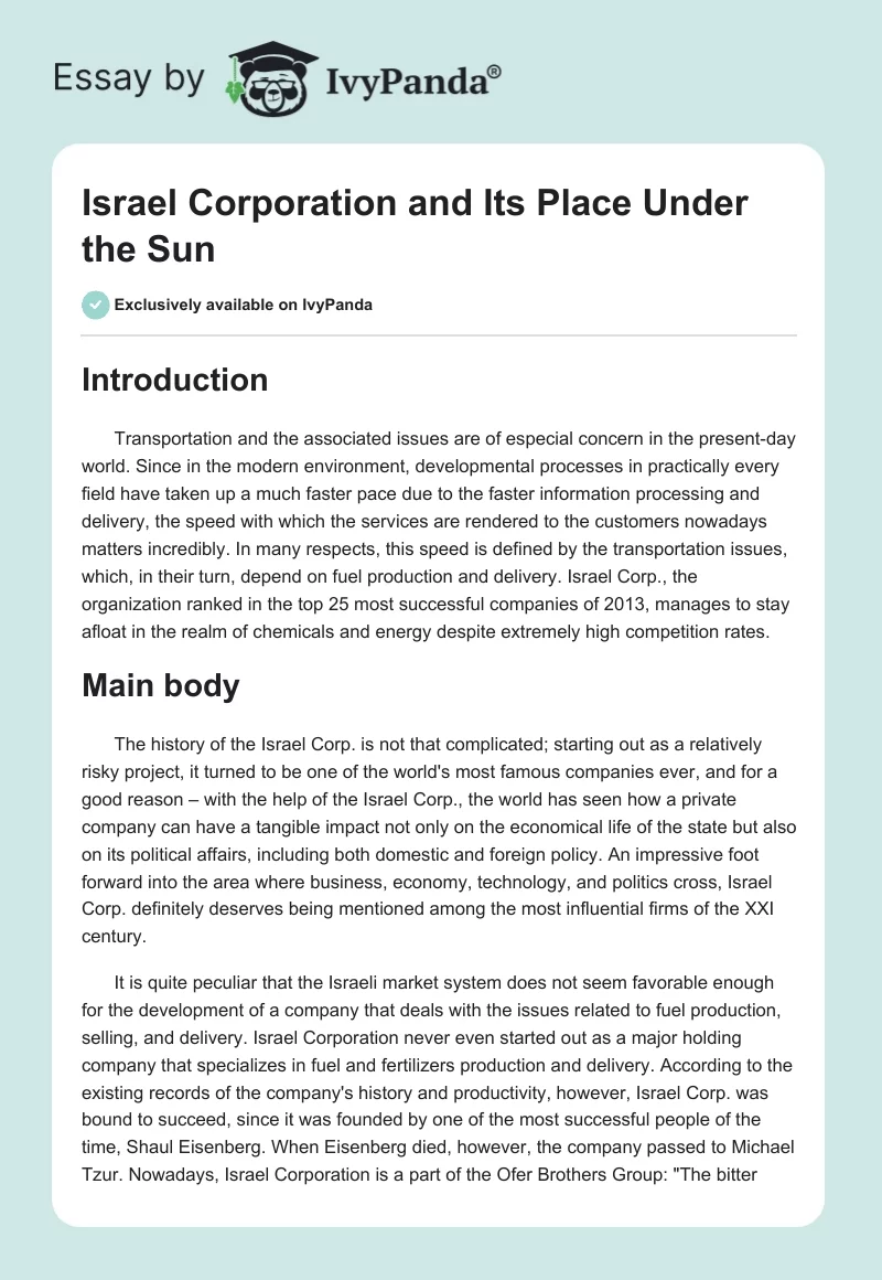 Israel Corporation and Its Place Under the Sun. Page 1