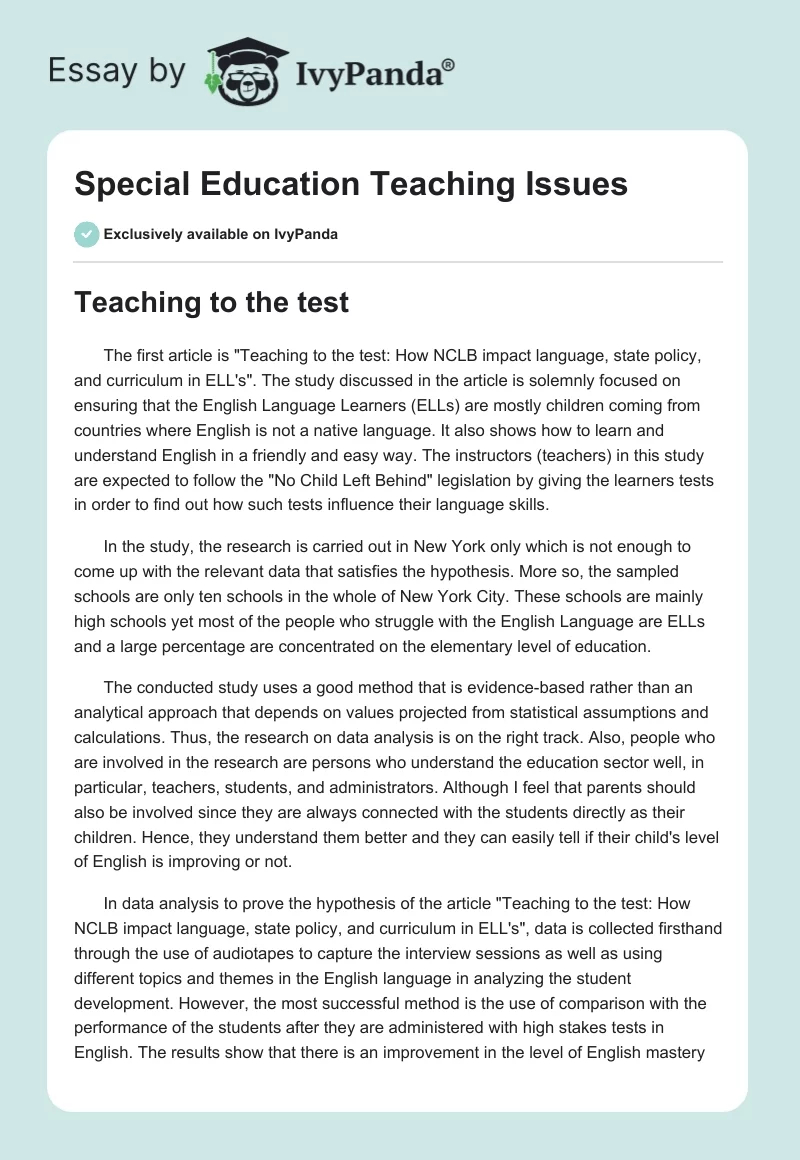 Special Education Teaching Issues. Page 1