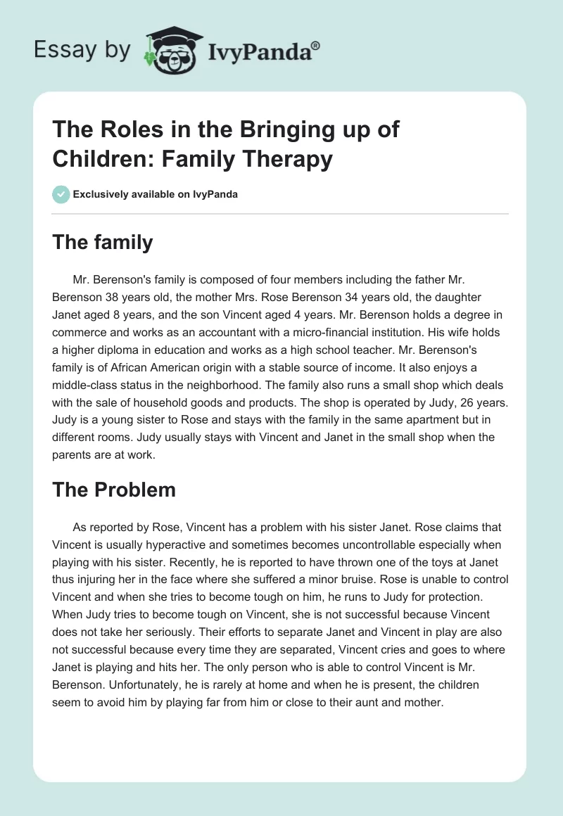 The Roles in the Bringing up of Children: Family Therapy. Page 1