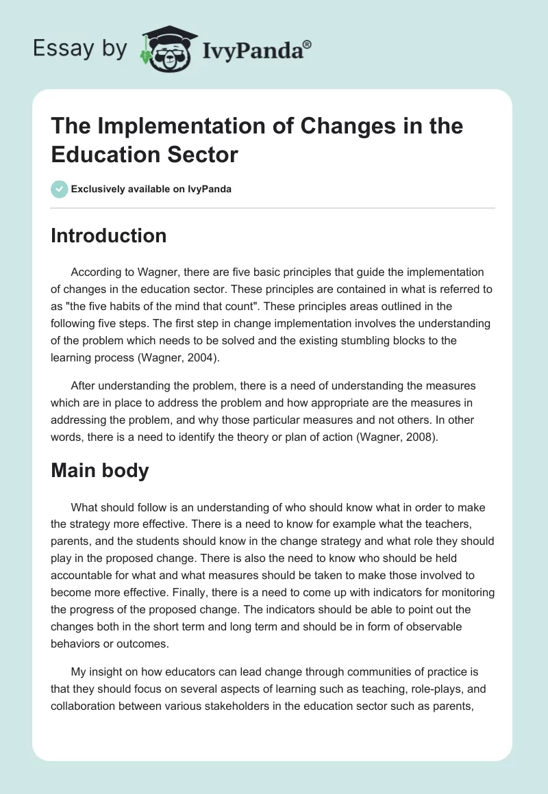The Implementation of Changes in the Education Sector. Page 1