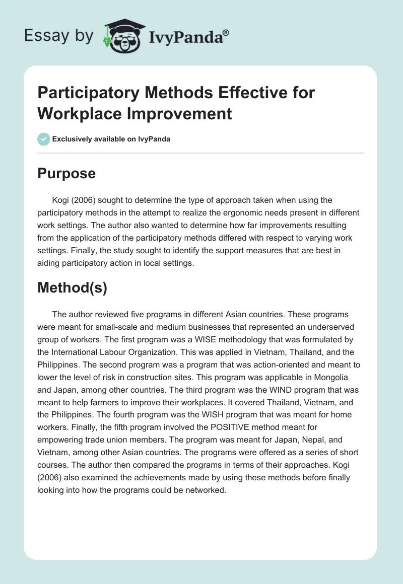 Participatory Methods Effective for Workplace Improvement. Page 1