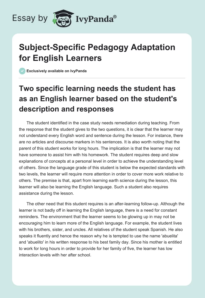 Subject-Specific Pedagogy Adaptation for English Learners. Page 1