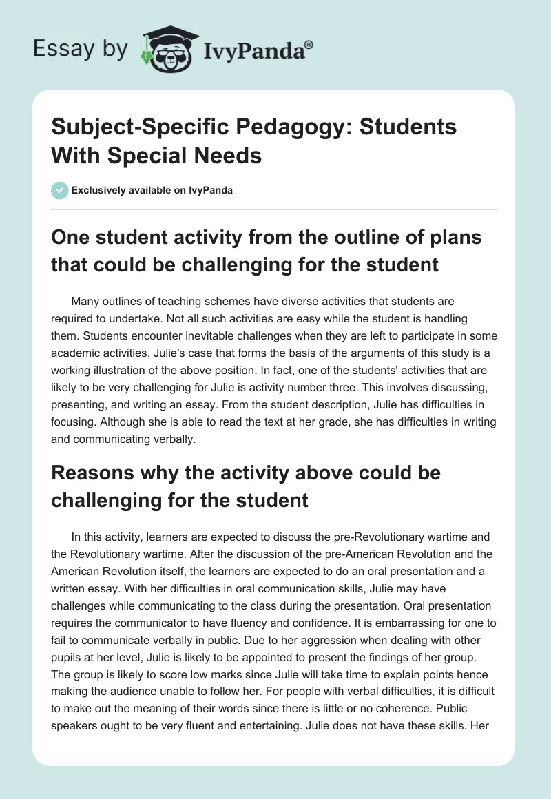 Subject-Specific Pedagogy: Students With Special Needs. Page 1