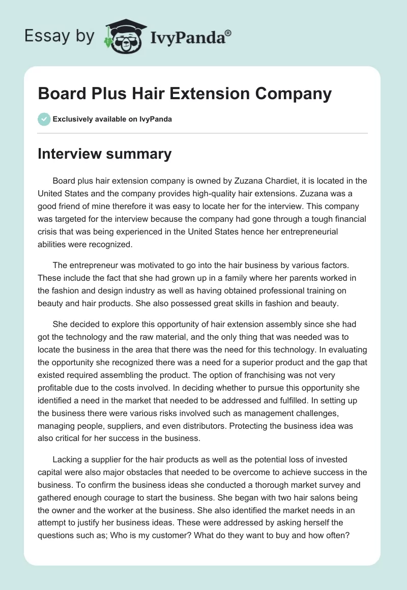 Board Plus Hair Extension Company. Page 1