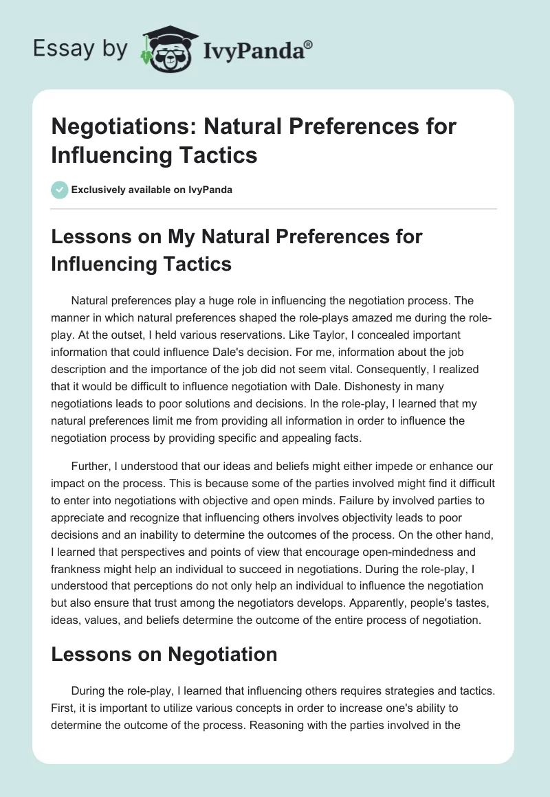Negotiations: Natural Preferences for Influencing Tactics. Page 1