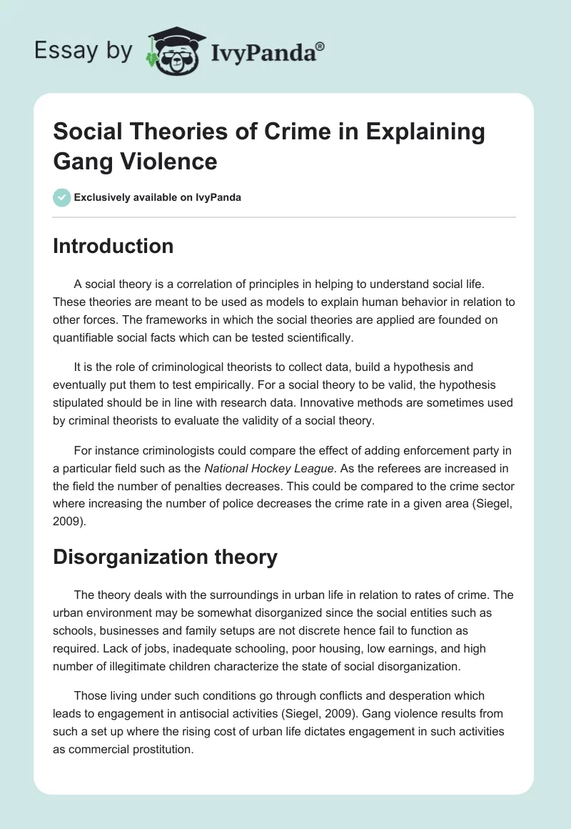 Social Theories of Crime in Explaining Gang Violence. Page 1