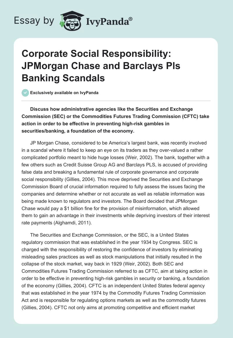 Corporate Social Responsibility: JPMorgan Chase and Barclays Pls Banking Scandals. Page 1