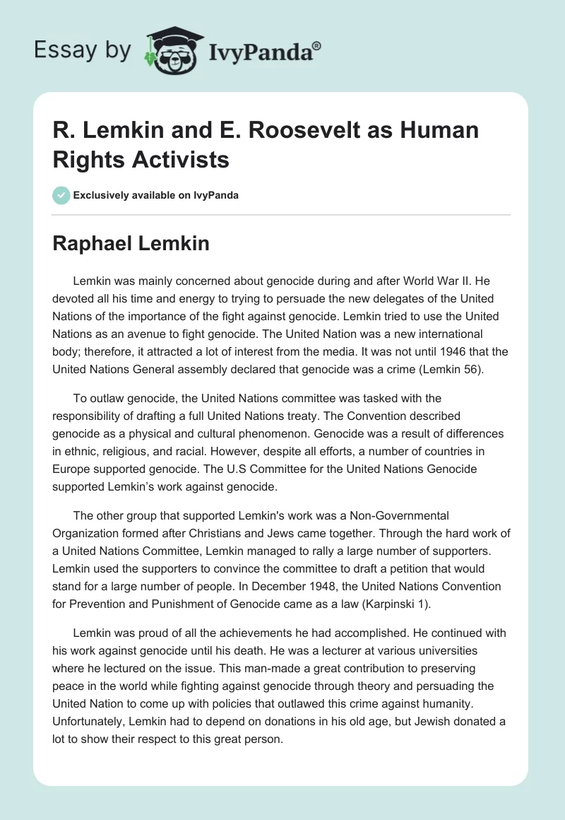 R. Lemkin and E. Roosevelt as Human Rights Activists. Page 1
