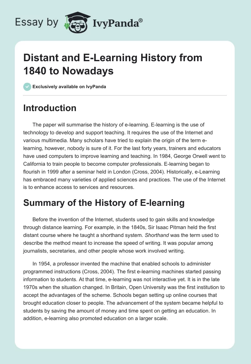 Distant and E-Learning History from 1840 to Nowadays. Page 1