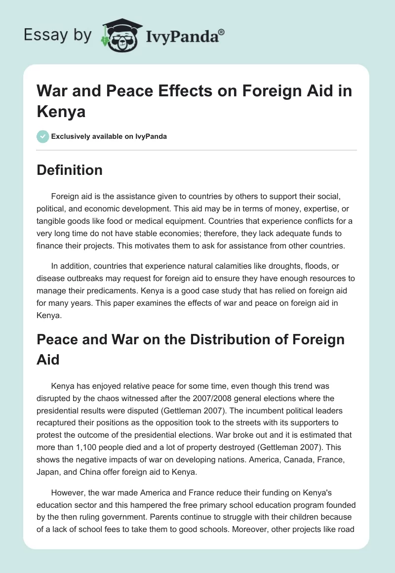 War and Peace Effects on Foreign Aid in Kenya. Page 1
