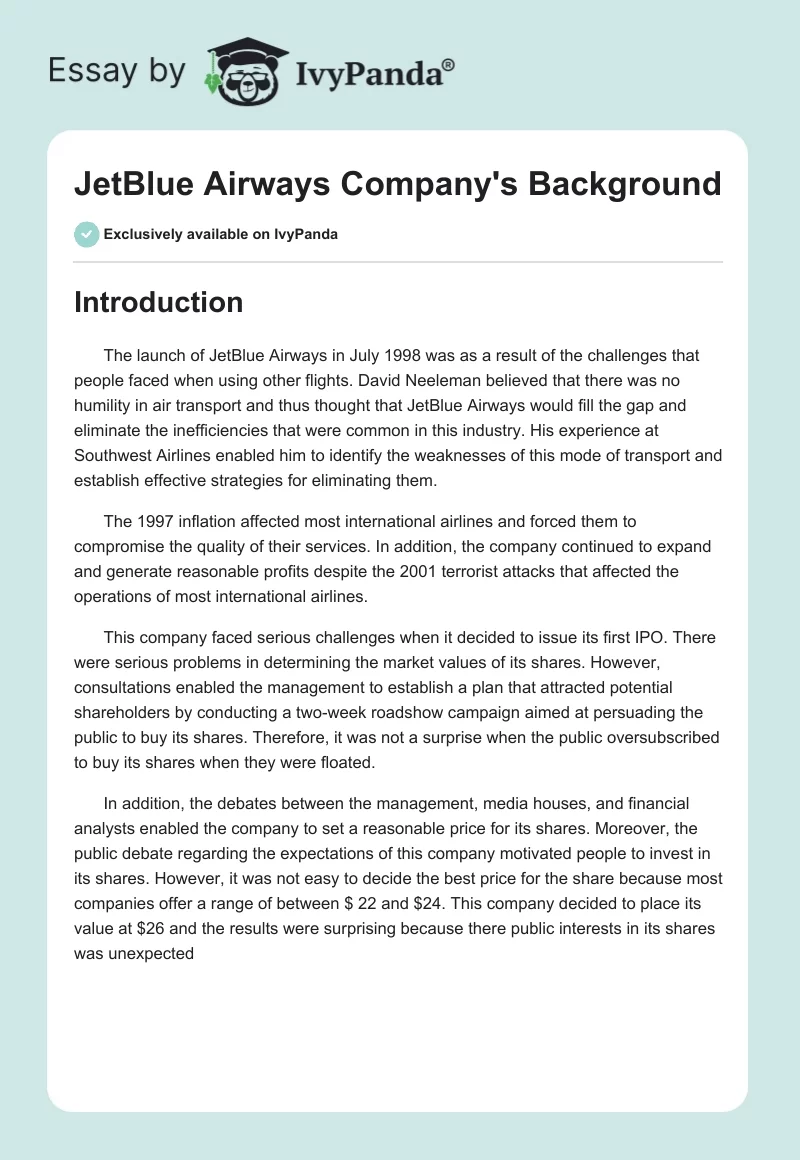 JetBlue Airways Company's Background. Page 1