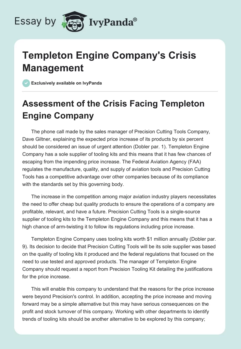 Templeton Engine Company's Crisis Management. Page 1