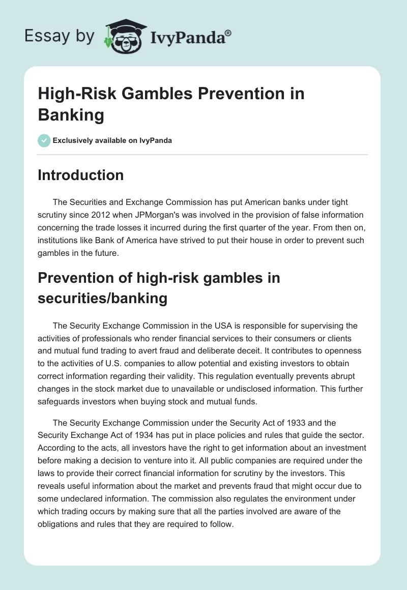High-Risk Gambles Prevention in Banking. Page 1