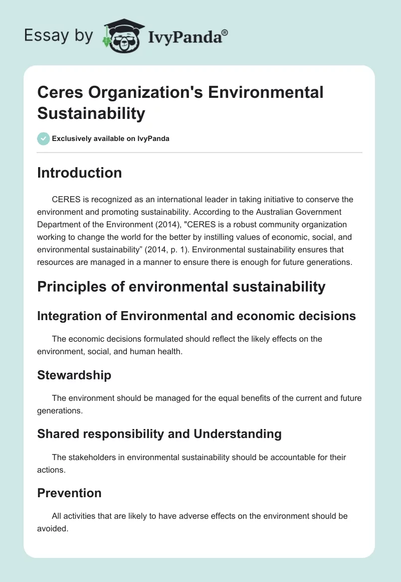 Ceres Organization's Environmental Sustainability. Page 1
