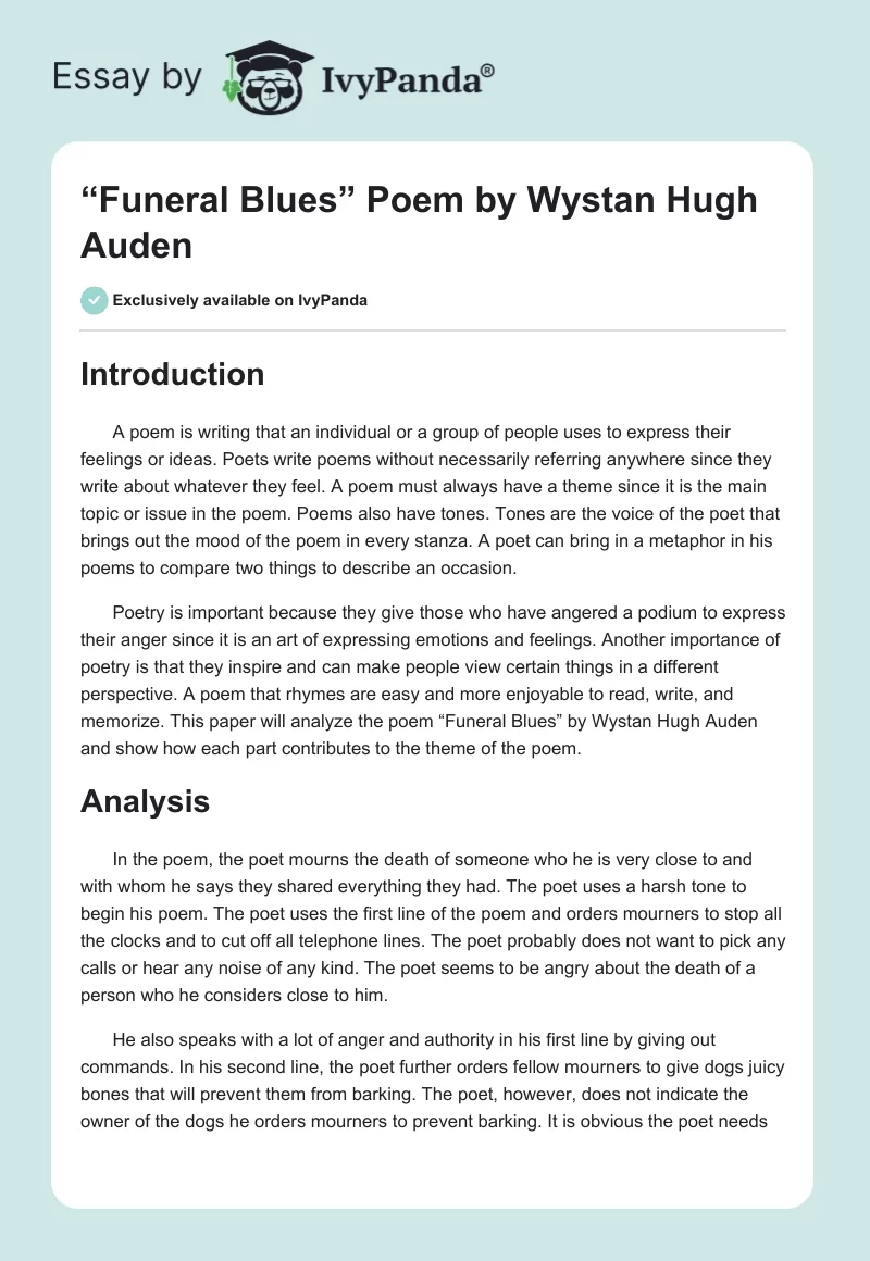 Funeral Blues Poem by Wystan Hugh Auden - 1163 Words
