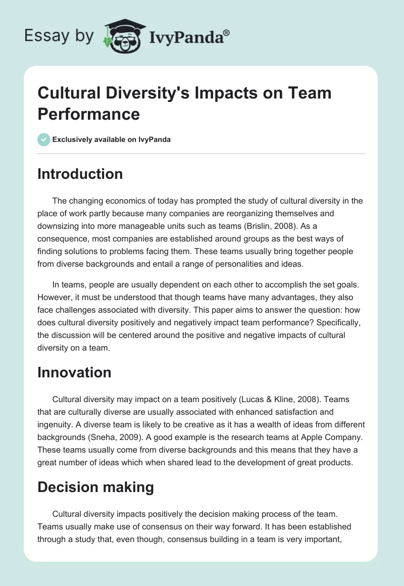 Cultural Diversity's Impacts on Team Performance. Page 1