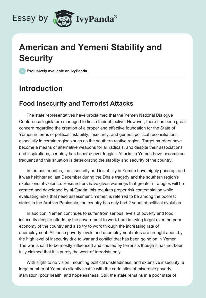 American and Yemeni Stability and Security. Page 1