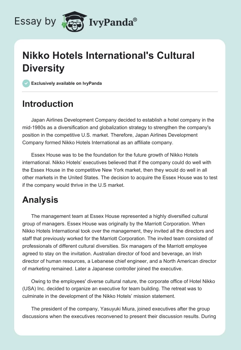Nikko Hotels International's Cultural Diversity. Page 1