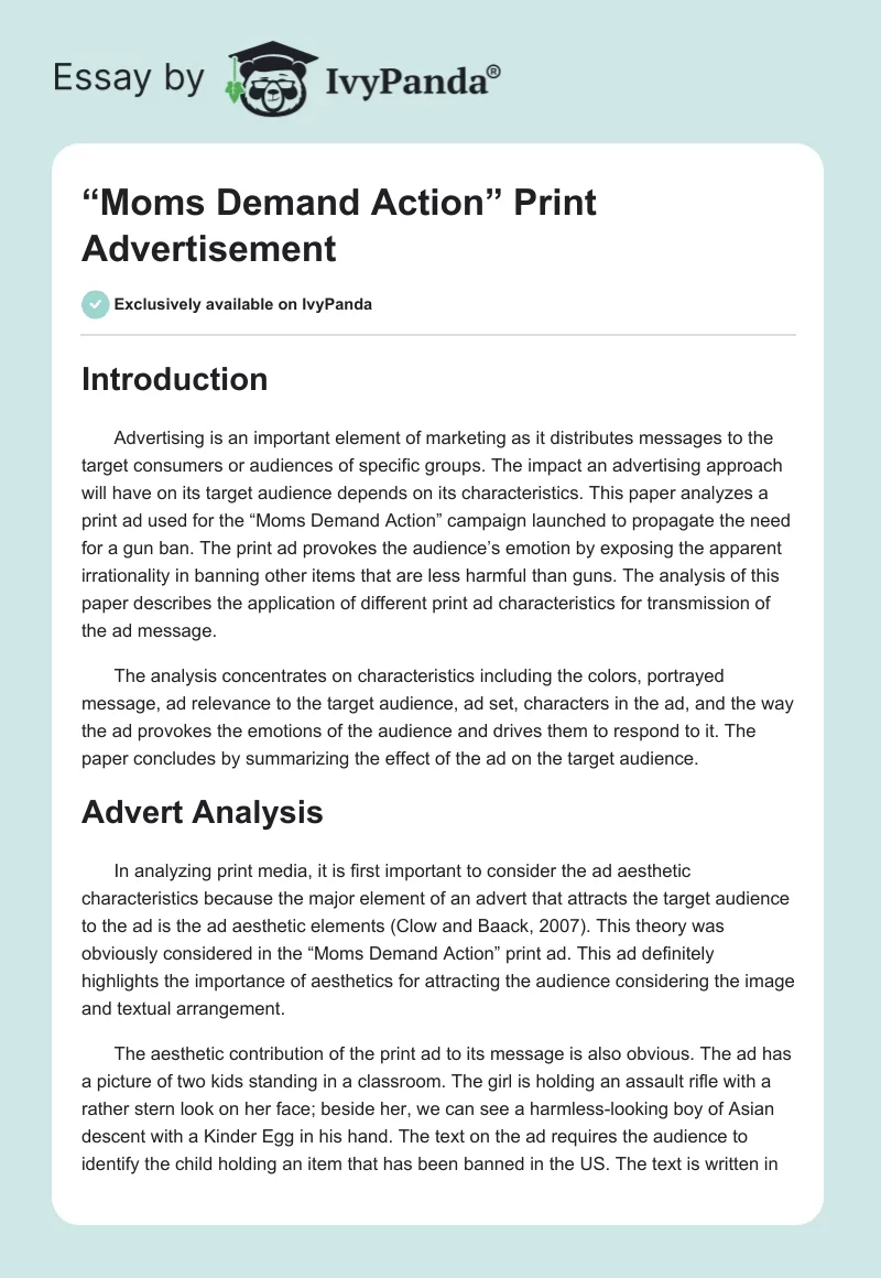 “Moms Demand Action” Print Advertisement. Page 1