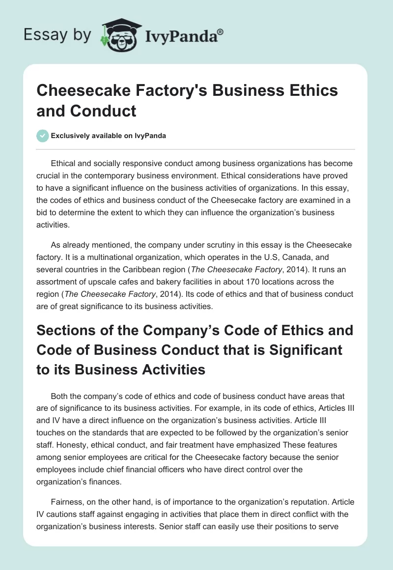 Cheesecake Factory's Business Ethics and Conduct. Page 1