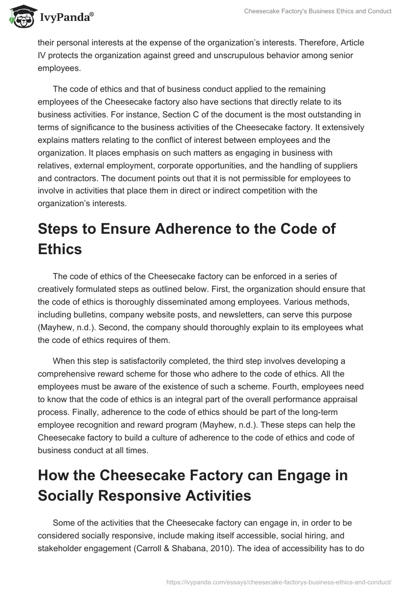 Cheesecake Factory's Business Ethics and Conduct. Page 2