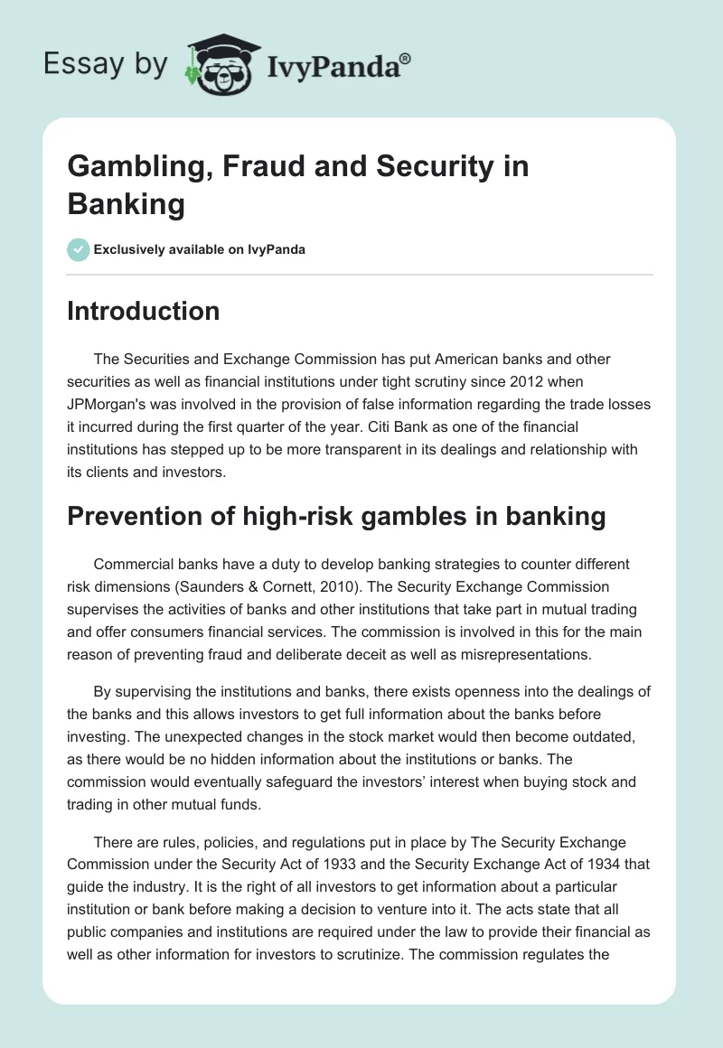 Gambling, Fraud and Security in Banking. Page 1
